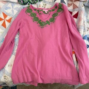 Lilly Pulitzer Pink Green Embroidered Sweater AS IS see pictures